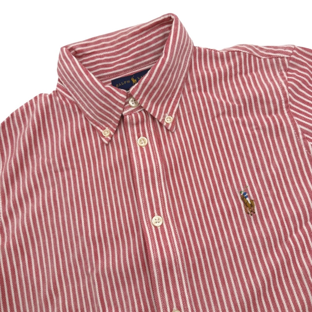 Ralph Lauren Button Down Kids Medium Red White Striped Knit Oxford Long Sleeve